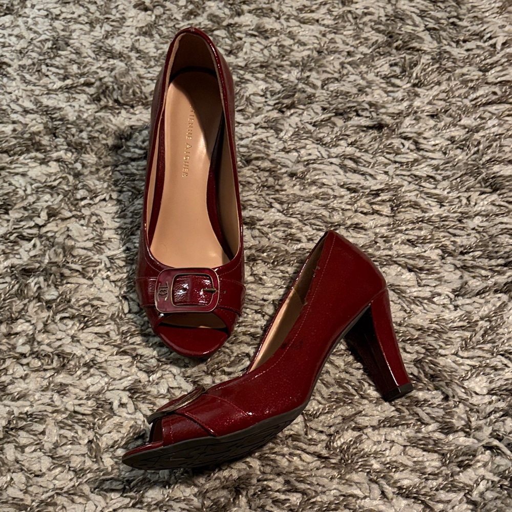 Etienne Aigher Burgundy Buckle Peep Toe Heels